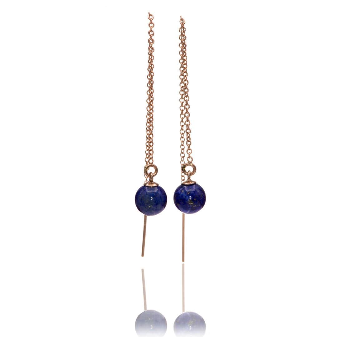 Lapis Beads Long Threader Earrings in 14kGF Rose Gold Filled, Ready to Ship Lapis 14kRGF Treader Earrings by Nodeform