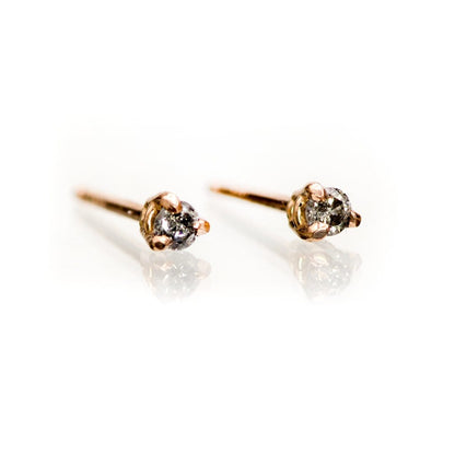 Tiny Gray Salt & Pepper Diamond Prong Set Stud Earrings (Pair) 14k Rose Gold Earrings by Nodeform