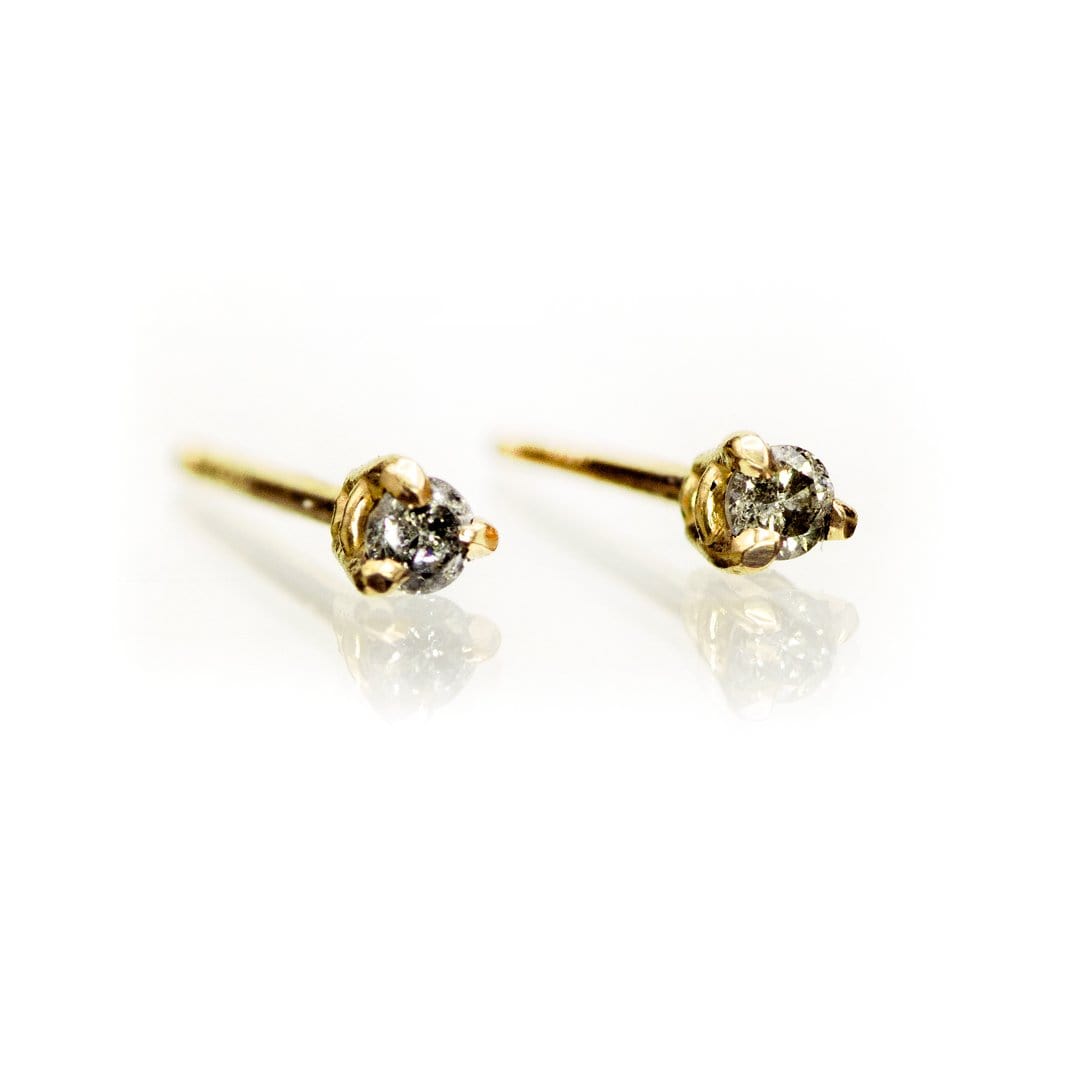 Tiny Gray Salt & Pepper Diamond Prong Set Stud Earrings (Pair) 14k Yellow Gold Earrings by Nodeform