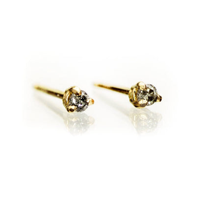 Tiny Gray Salt & Pepper Diamond Prong Set Stud Earrings (Pair) 14k Yellow Gold Earrings by Nodeform