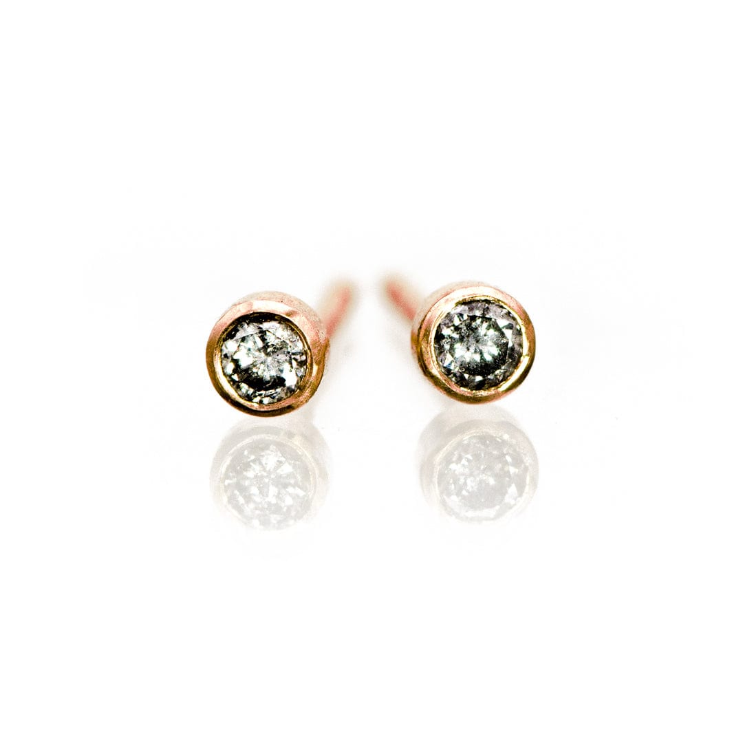 Tiny Gray Salt & Pepper Diamond Bezel Set Stud Earrings 14k Rose Gold Earrings by Nodeform
