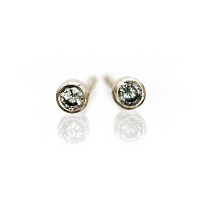 Tiny Gray Salt & Pepper Diamond Bezel Set Stud Earrings 14k White Gold Earrings by Nodeform
