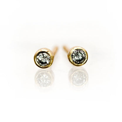 Tiny Gray Salt & Pepper Diamond Bezel Set 14kY Gold Stud Earrings, Ready to Ship Earrings by Nodeform