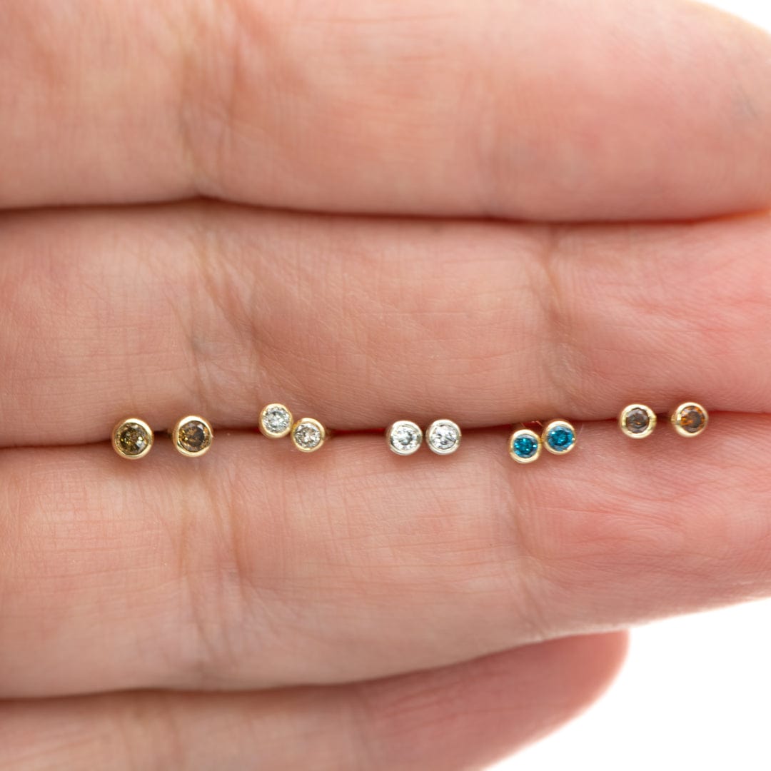 Tiny Teal Blue Diamond Bezel Set 14k Yellow Gold Stud Earrings, Ready to Ship Earrings by Nodeform