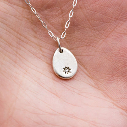 Tiny Drop Shape Sterling Silver Pendant Necklace with Star Set Canadian Diamond, Ready to Ship Sterling Silver Necklace / Pendant by Nodeform