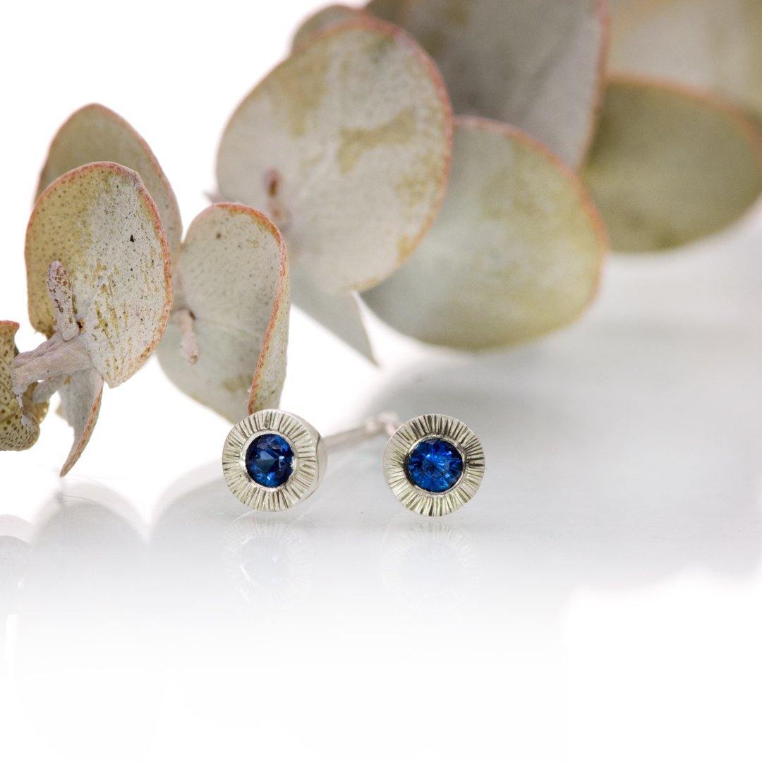Australian Kings Plain Blue Sapphire Tiny Textured Sterling Silver Stud Earrings Sterling Silver Earrings by Nodeform