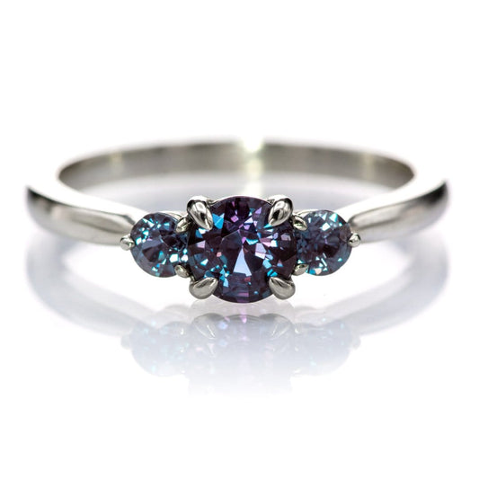Tracy- Three Stone Accented Engagement Ring, Prong set Round Alexandrites 5mm Lab Created Alexandrite / 14k White Gold Ring by Nodeform