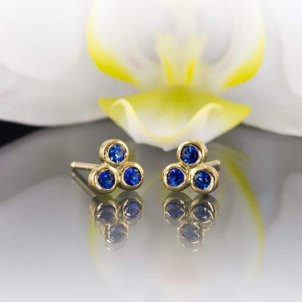 Australian Kings Plain Royal Blue Sapphire Trio Bezel Cluster Stud 18kY Gold Earrings, Ready To Ship Earrings by Nodeform
