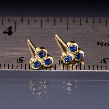 Australian Kings Plain Royal Blue Sapphire Trio Bezel Cluster Stud 18kY Gold Earrings, Ready To Ship Earrings by Nodeform