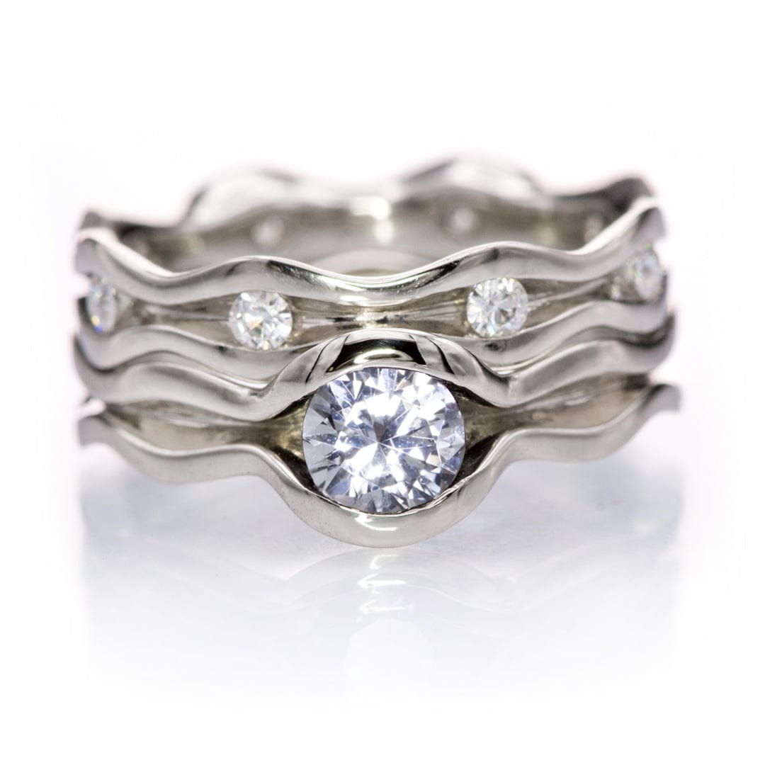 Wave White Sapphire Engagement Ring and Moissanite Eternity Wedding Band Set Platinum Ring by Nodeform