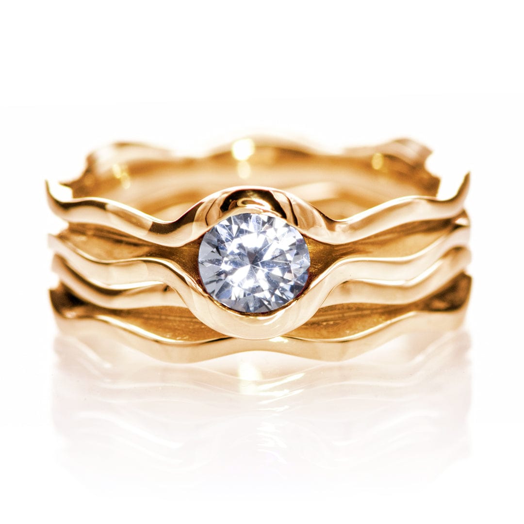 Wave White Sapphire Ring Bridal Set 5mm / 14k Rose Gold Ring by Nodeform