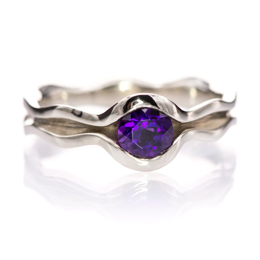 Amethyst Wave Solitaire Engagement Ring AAA Grade Dark Purple Amethyst / 14k Nickel White Gold (Not Rhodium Plated) Ring by Nodeform