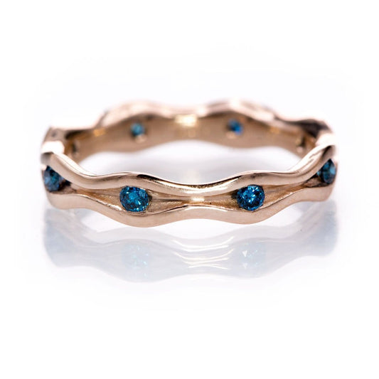 Wave Teal Blue Diamond Eternity Wedding Ring 14k Rose Gold Ring by Nodeform