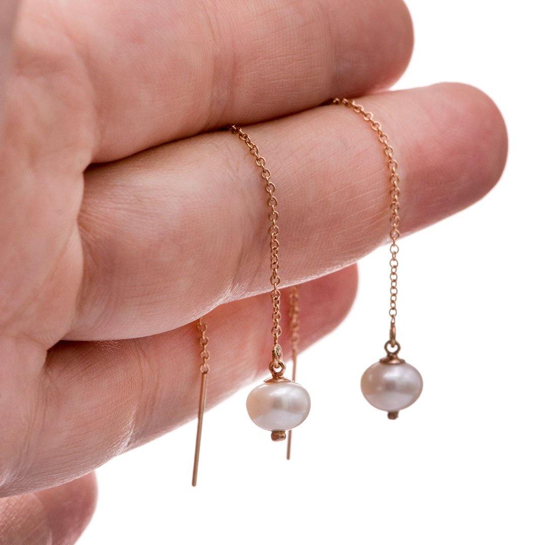 White Pearl Long Threader Earrings in 14kGF Rose Gold Filled, Ready to Ship Jade 14kRGF Treader Earrings by Nodeform