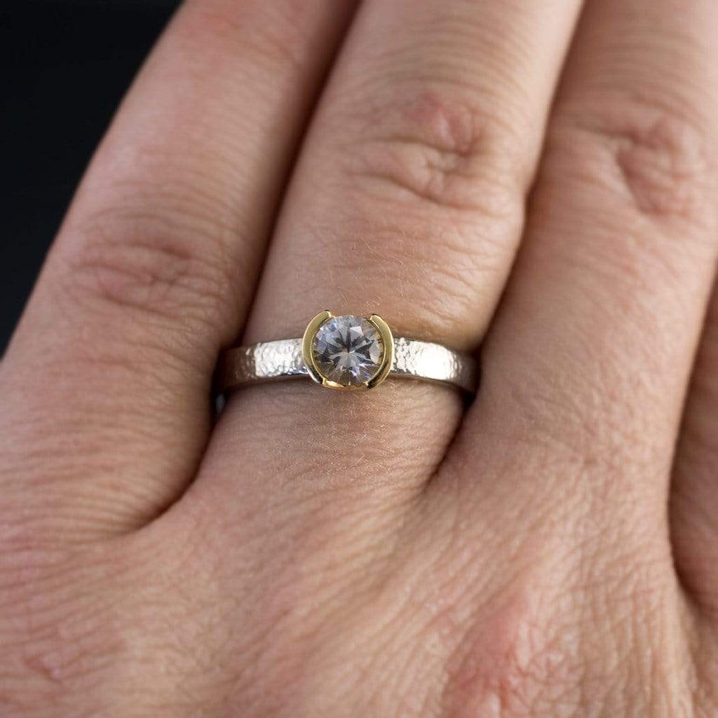 White Sapphire Rose Gold Semi-Bezel Textured Solitaire Engagement Ring Ring by Nodeform