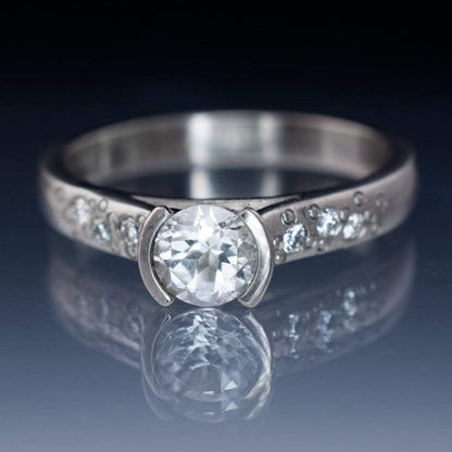 White Sapphire Half Bezel Diamond or Sapphire Star Dust Engagement Ring 5mm/0.6ct / 18kPD White Gold / White Diamond Accents Ring by Nodeform
